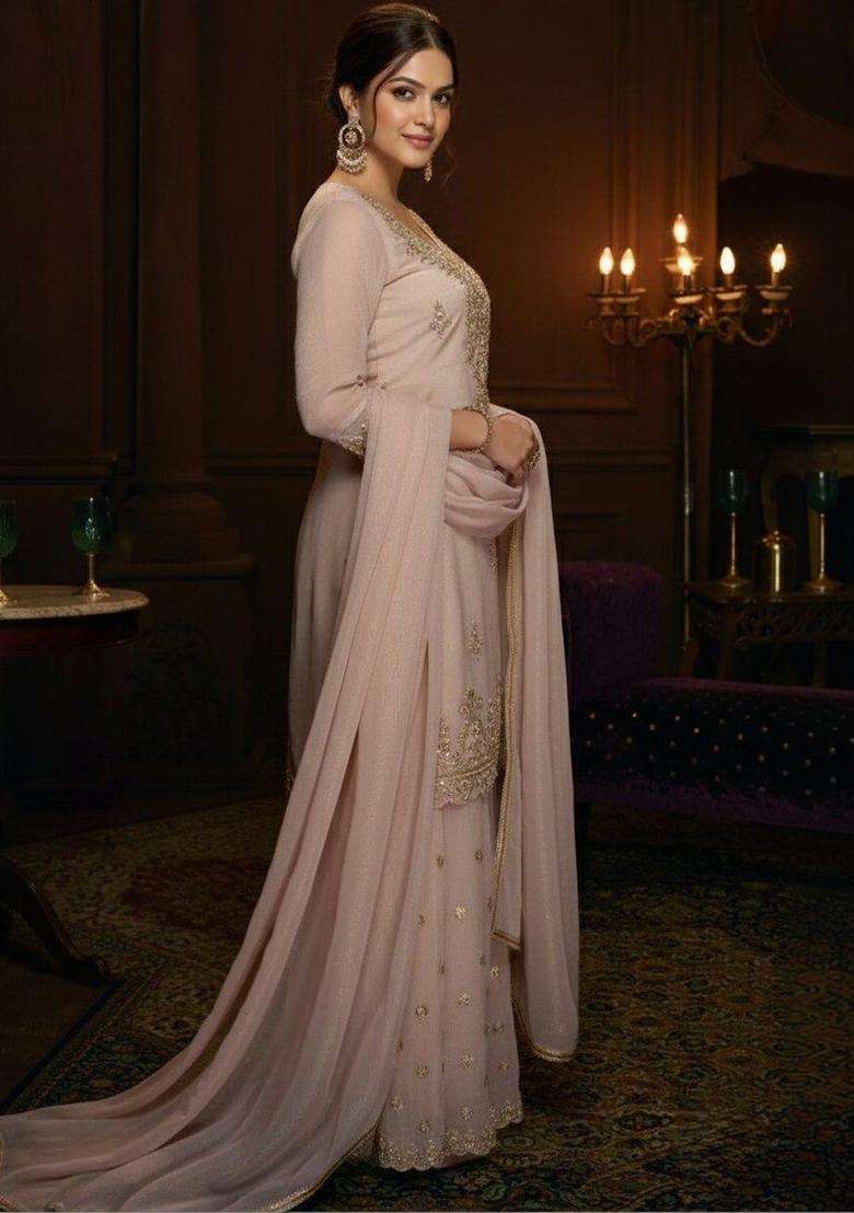 Peach Embroidered Cotton Kurta Sets - Indya