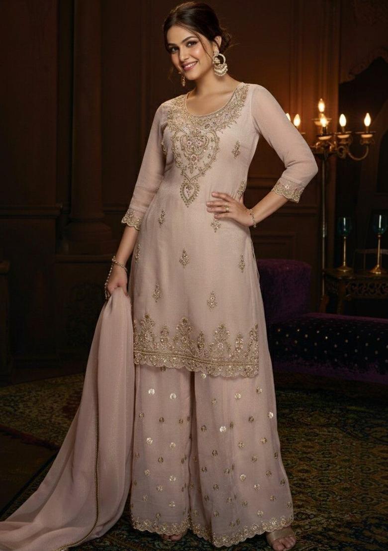 Peach Embroidered Cotton Kurta Sets - Indya