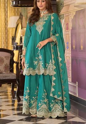 Teal Embroidered Chinon Kurta Sets