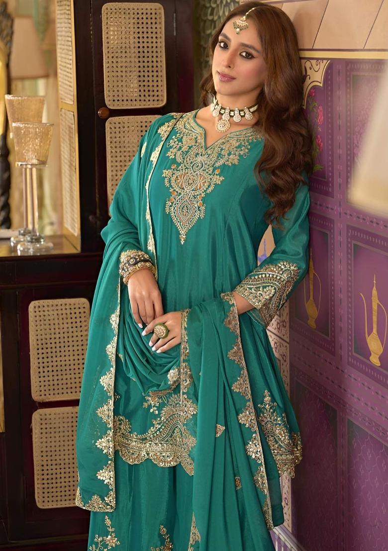 Teal Embroidered Chinon Kurta Sets - Indya