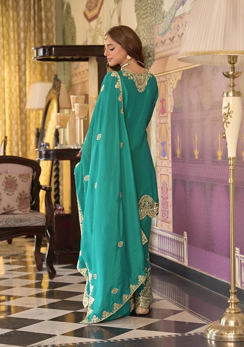 Teal Embroidered Chinon Kurta Sets - Indya