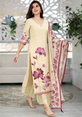 Cream Printed Cotton Kurta Sets