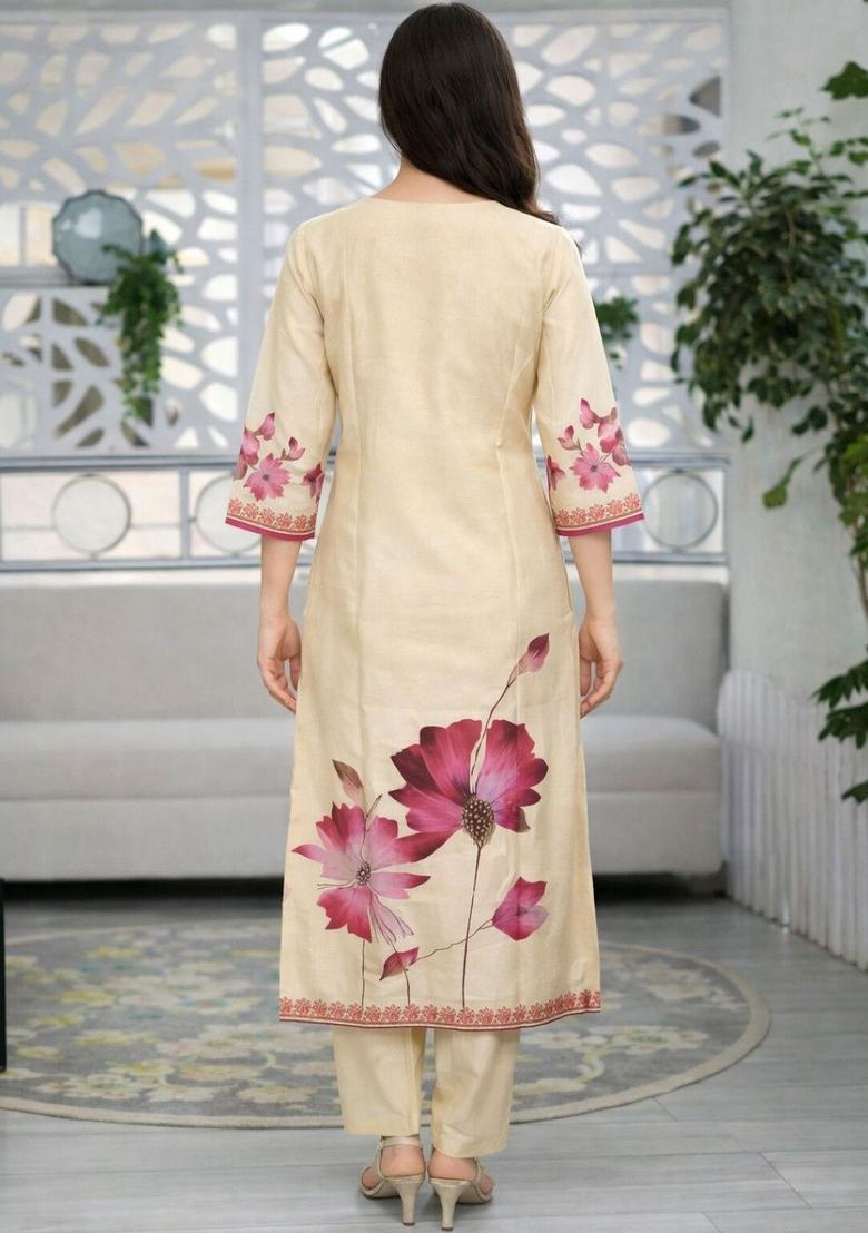 Cream Printed Cotton Kurta Sets - Indya
