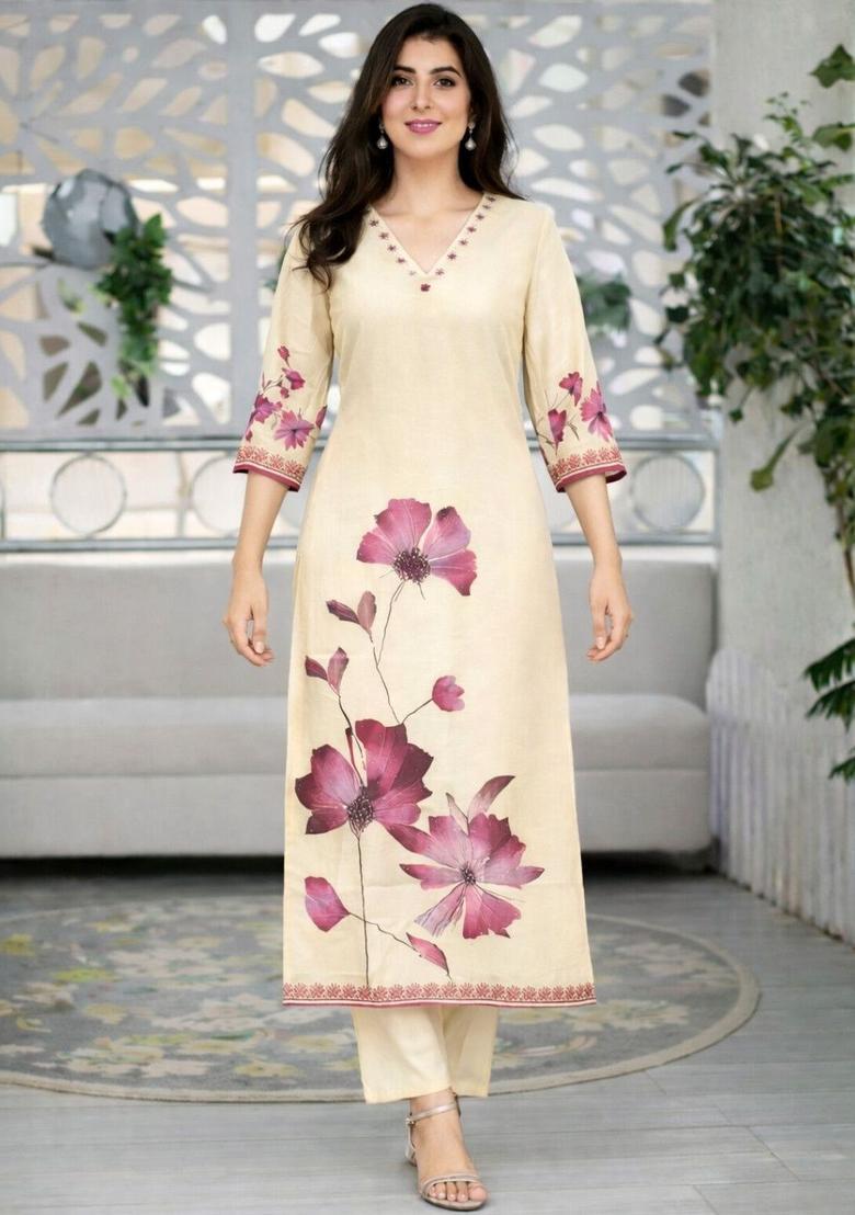 Cream Printed Cotton Kurta Sets - Indya