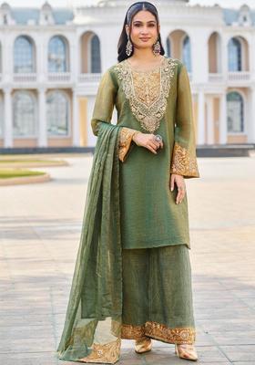 Olive Embroidered Tissue Kurta Sets