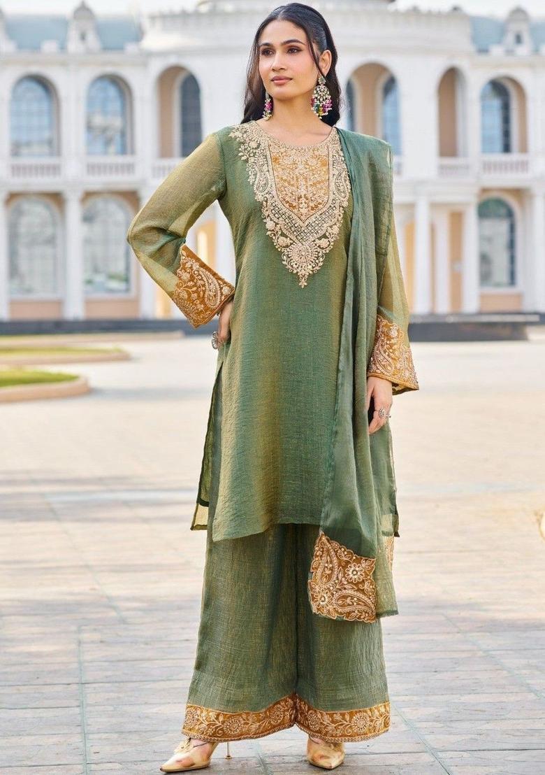 Olive Embroidered Tissue Kurta Sets - Indya