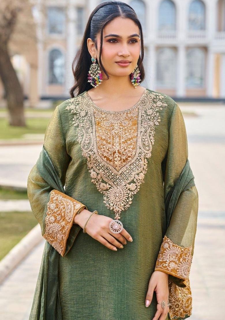 Olive Embroidered Tissue Kurta Sets - Indya