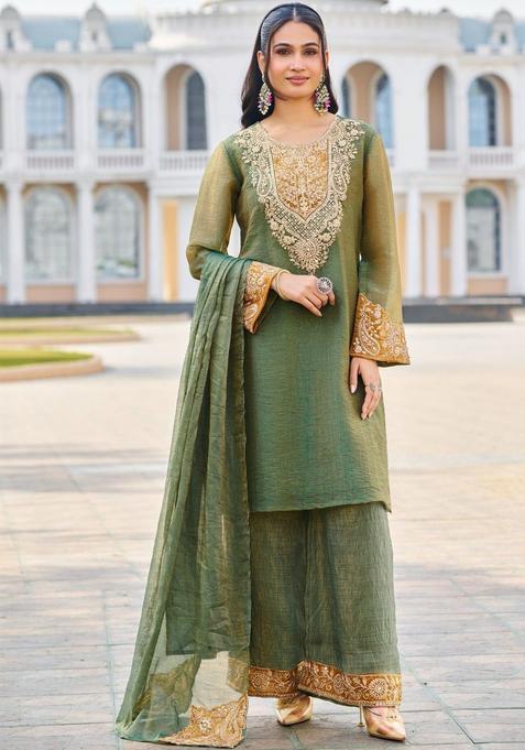 Olive Embroidered Tissue Kurta Sets