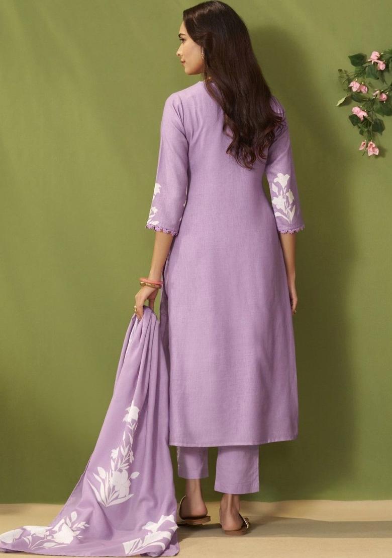 Lavender Printed Cotton Kurta Sets - Indya