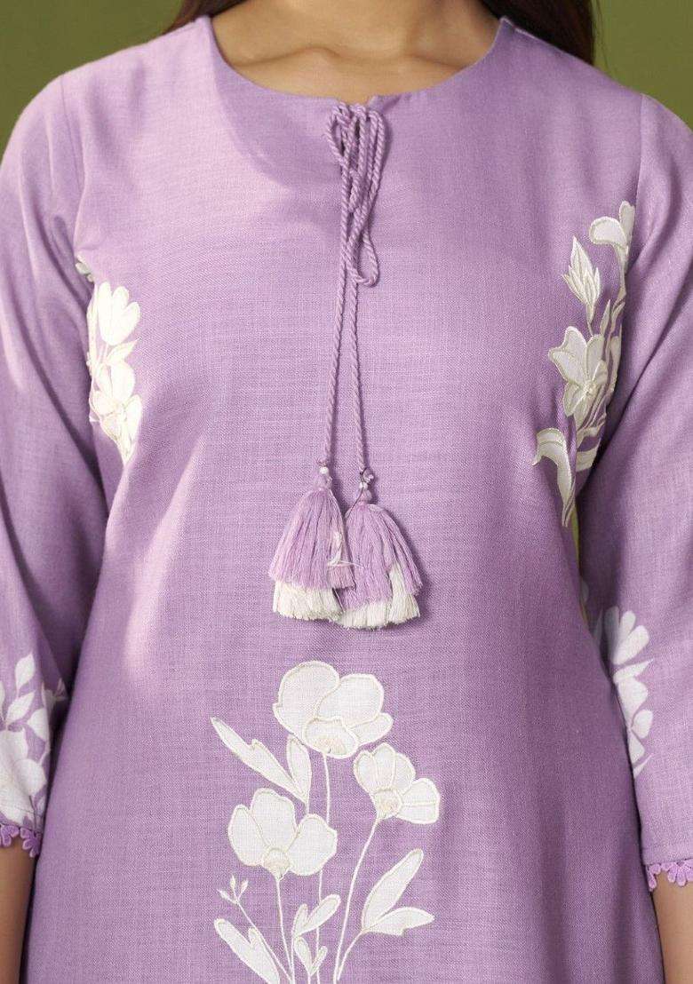 Lavender Printed Cotton Kurta Sets - Indya