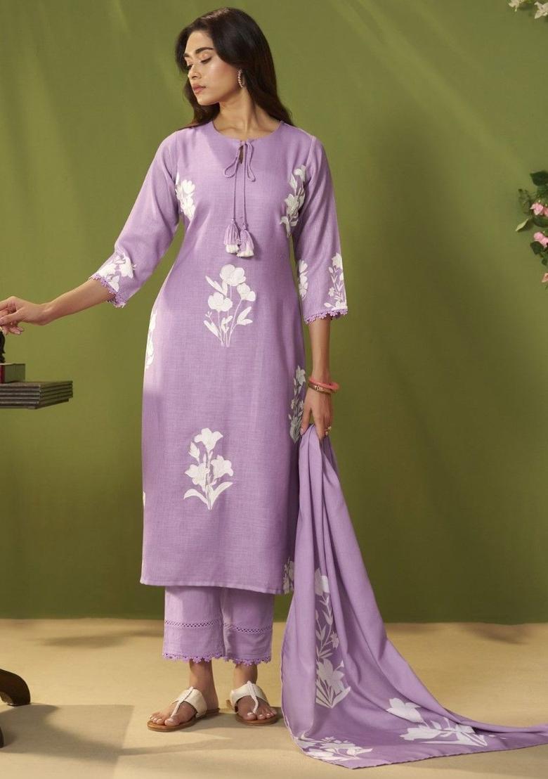 Lavender Printed Cotton Kurta Sets - Indya