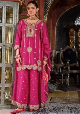 Pink Embroidered Chinon Kurta Sets