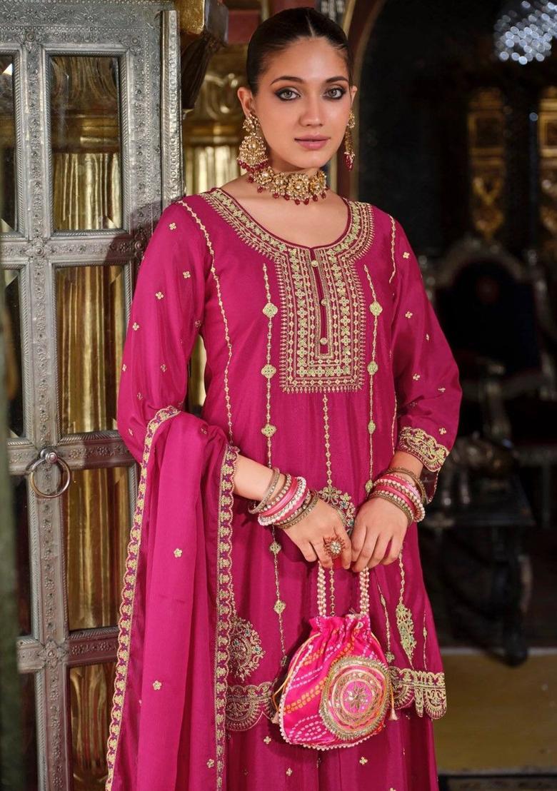 Pink Embroidered Chinon Kurta Sets - Indya