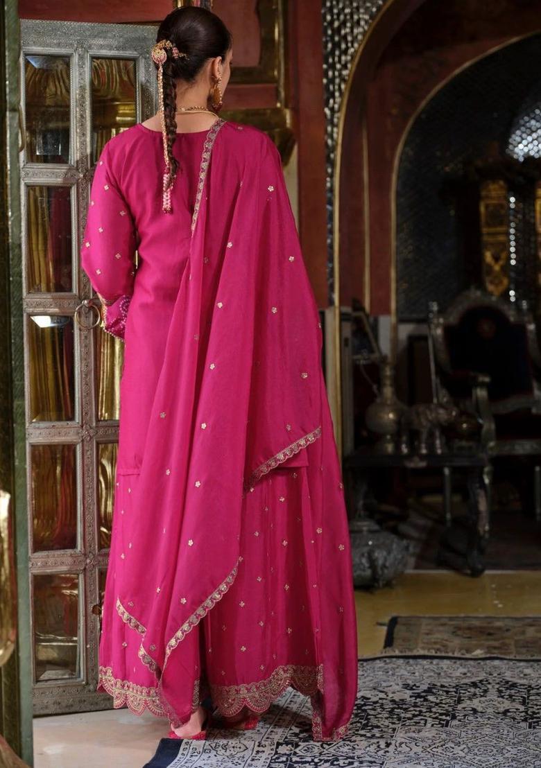 Pink Embroidered Chinon Kurta Sets - Indya