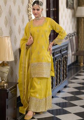 Yellow Embroidered Tissue Kurta Sets