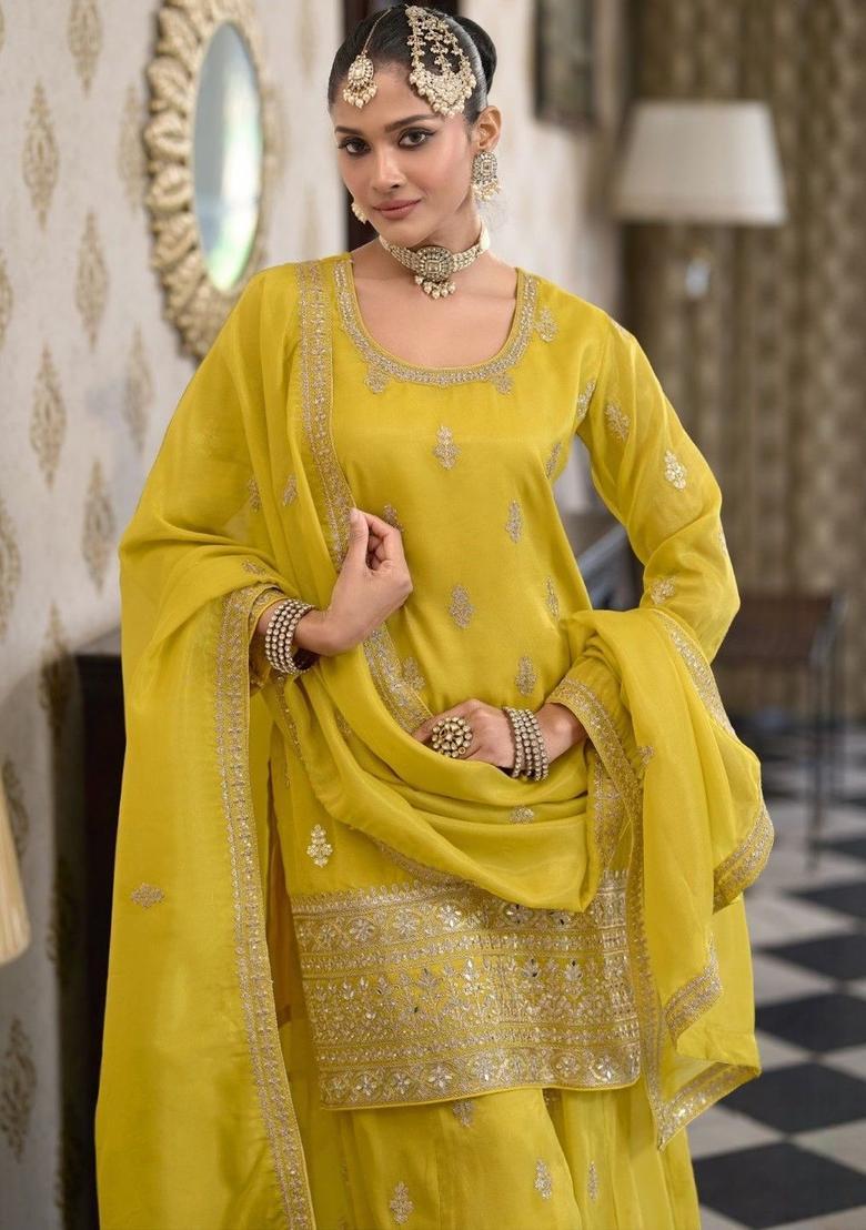 Yellow Embroidered Tissue Kurta Sets - Indya