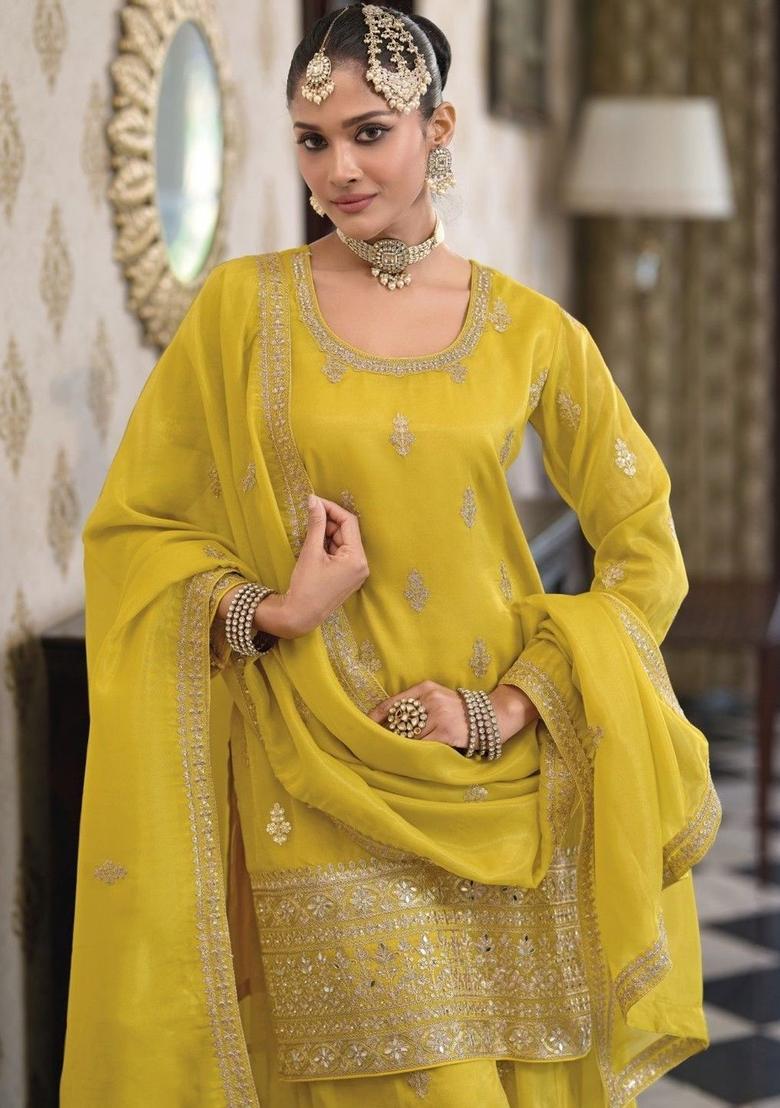 Yellow Embroidered Tissue Kurta Sets - Indya