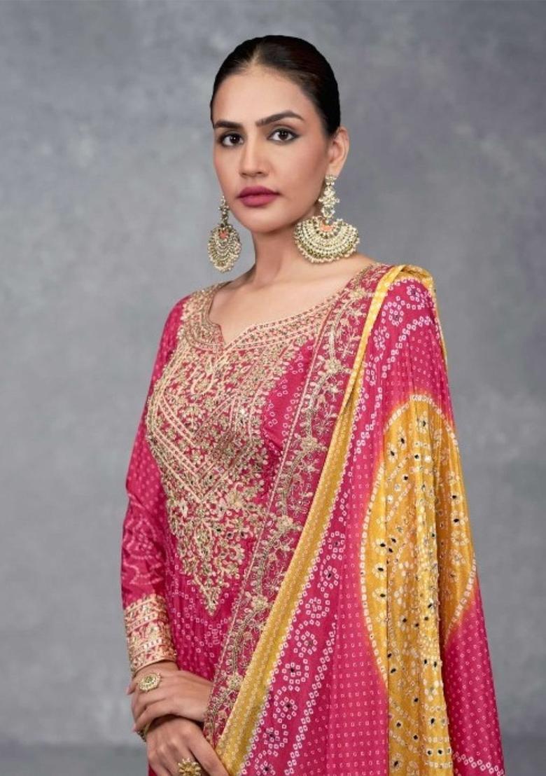 Pink Printed Chinon Kurta Sets - Indya