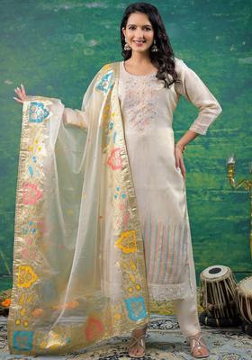Off White Embroidered Silk Blend Kurta Sets