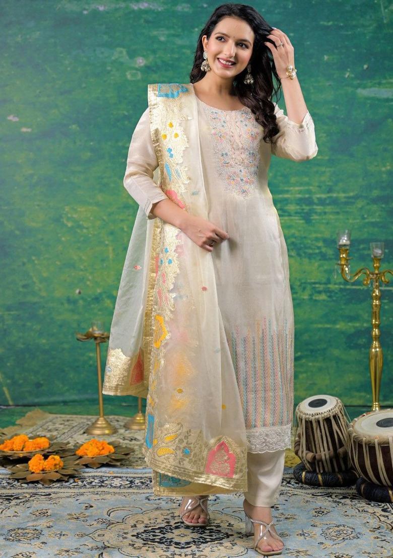 Off White Embroidered Silk Blend Kurta Sets - Indya