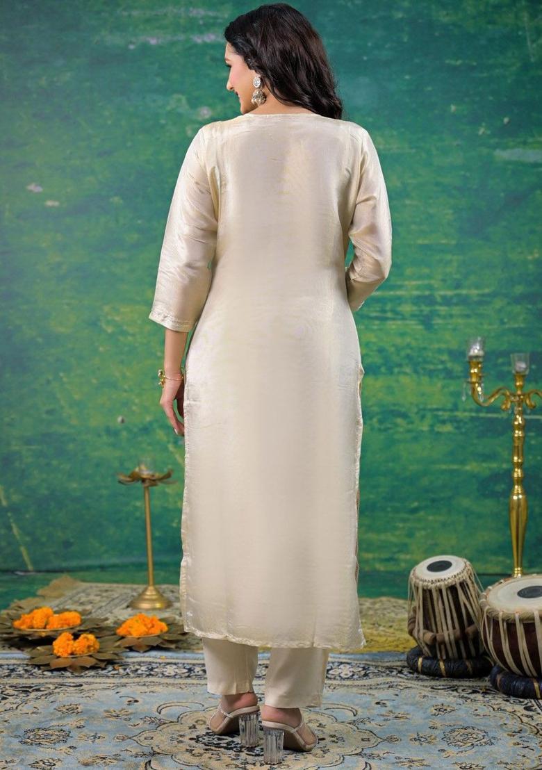 Off White Embroidered Silk Blend Kurta Sets - Indya