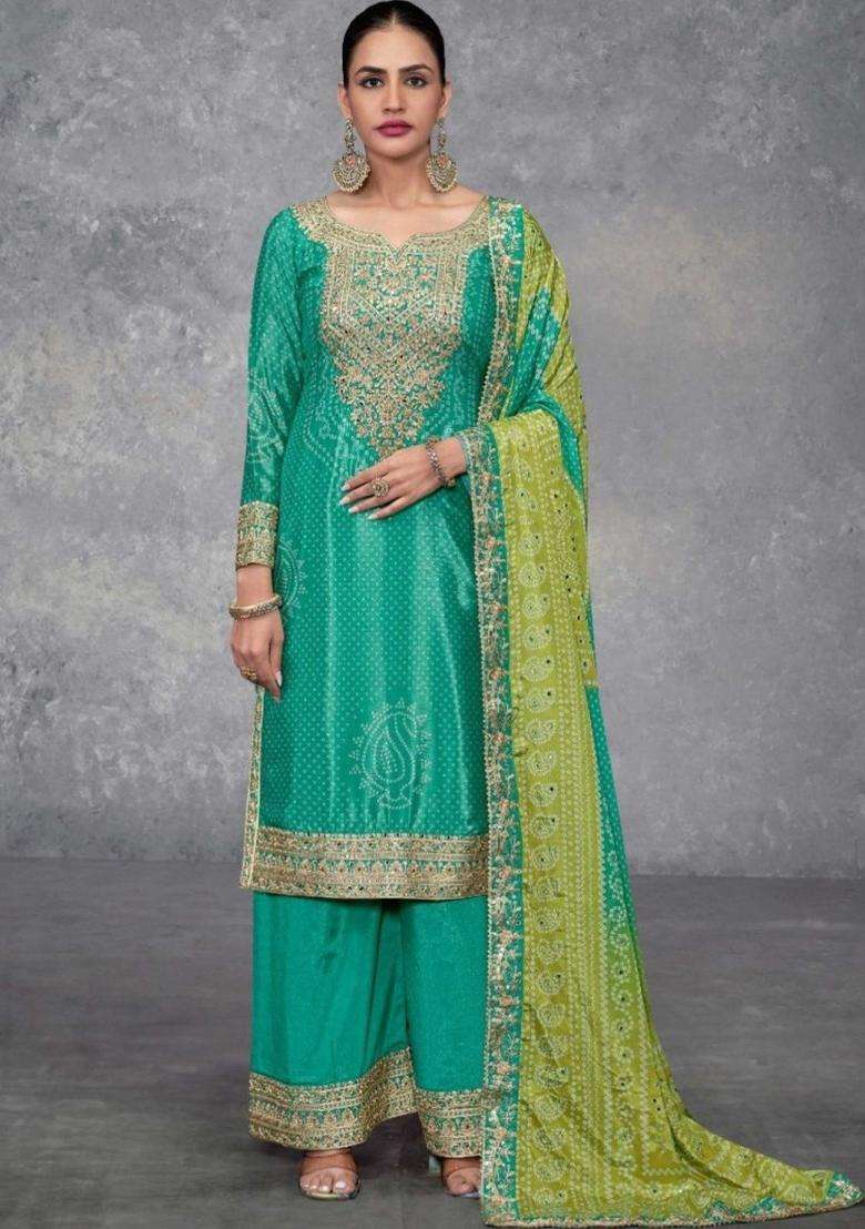 Green Printed Chinon Kurta Sets - Indya
