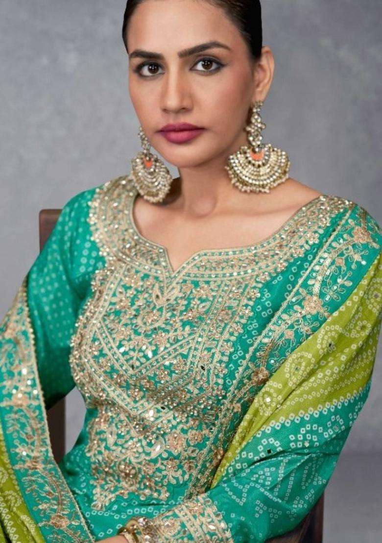 Green Printed Chinon Kurta Sets - Indya