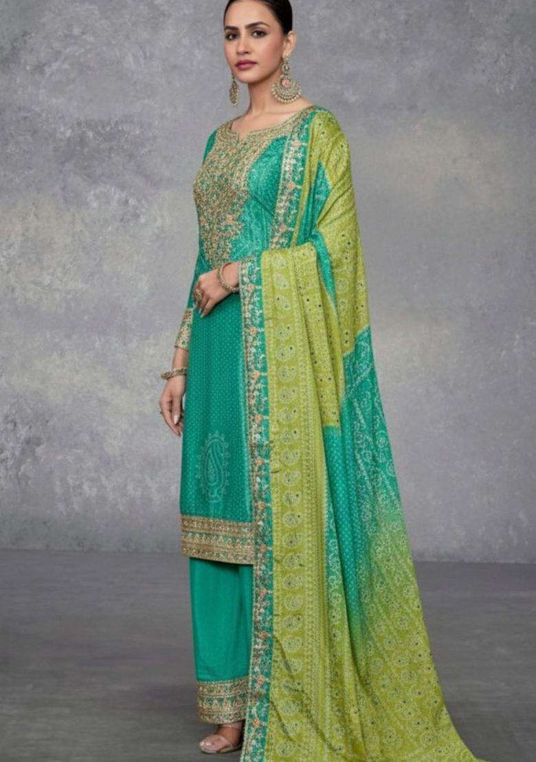 Green Printed Chinon Kurta Sets - Indya
