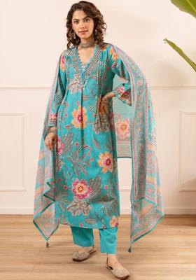 Turquoise Blue Printed Cotton Kurta Sets