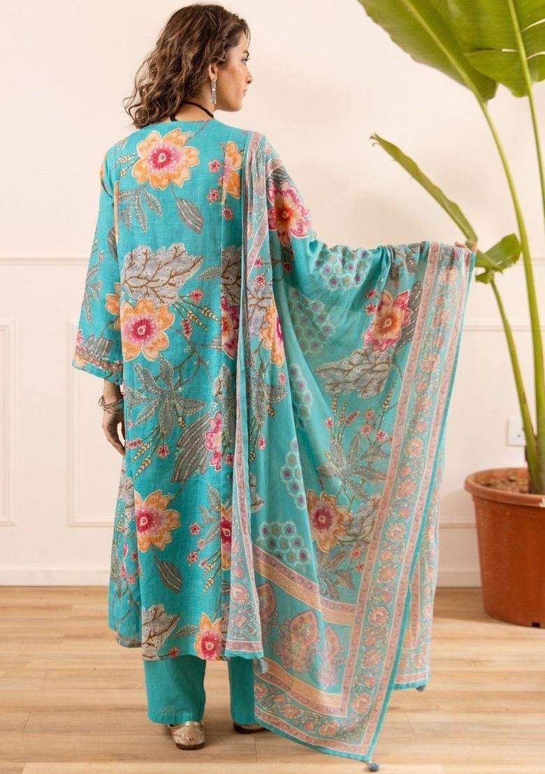 Turquoise Blue Printed Cotton Kurta Sets - Indya