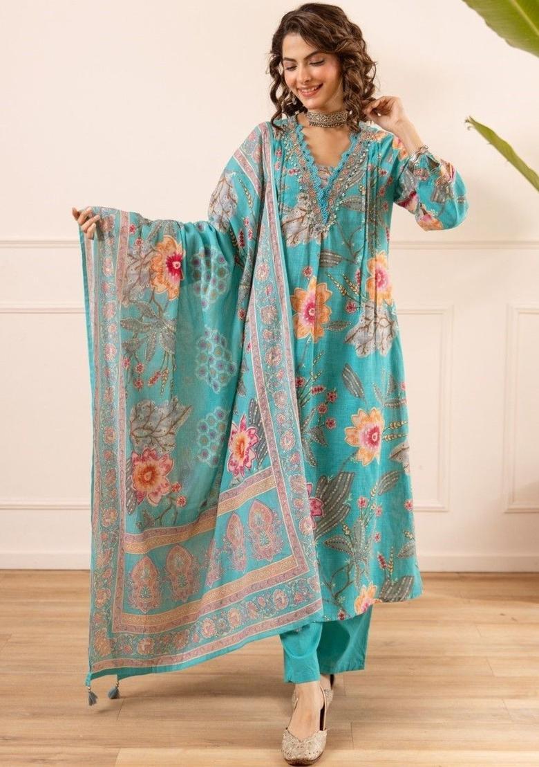Turquoise Blue Printed Cotton Kurta Sets - Indya