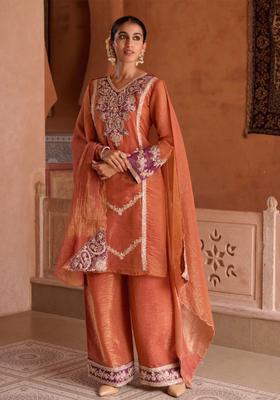 Rust Embroidered Tissue Kurta Sets