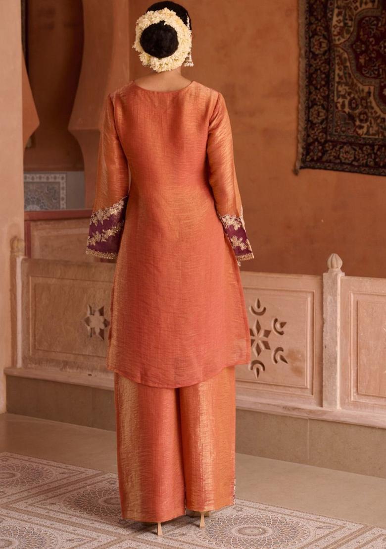 Rust Embroidered Tissue Kurta Sets - Indya