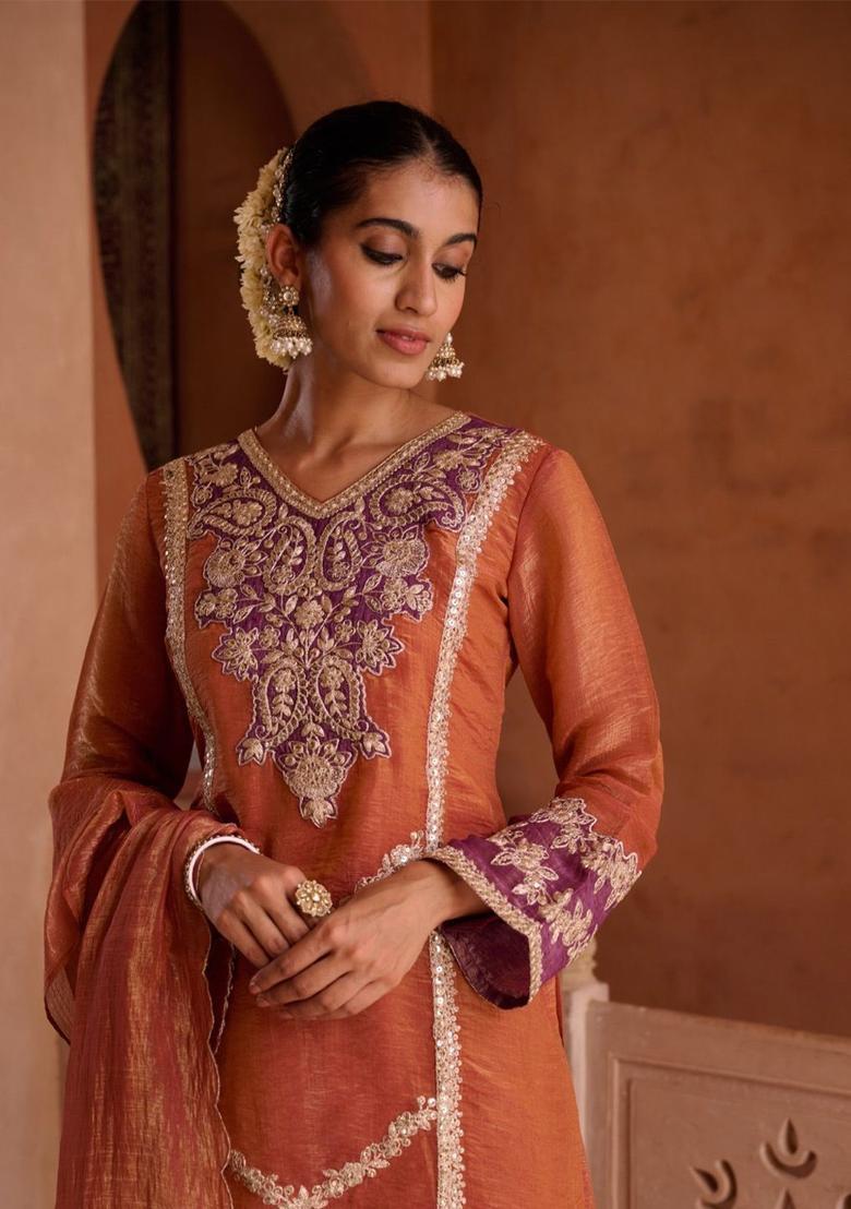 Rust Embroidered Tissue Kurta Sets - Indya
