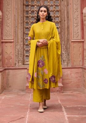 Mustard Embroidered Chinon Kurta Sets