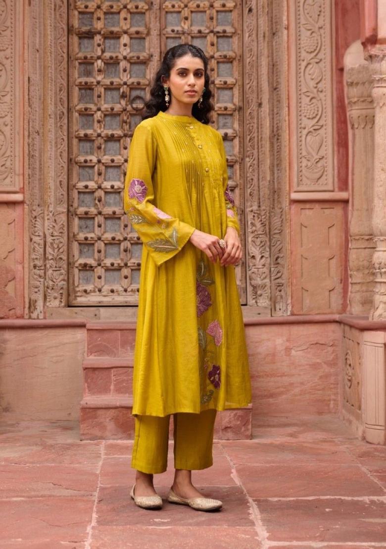 Mustard Embroidered Chinon Kurta Sets - Indya