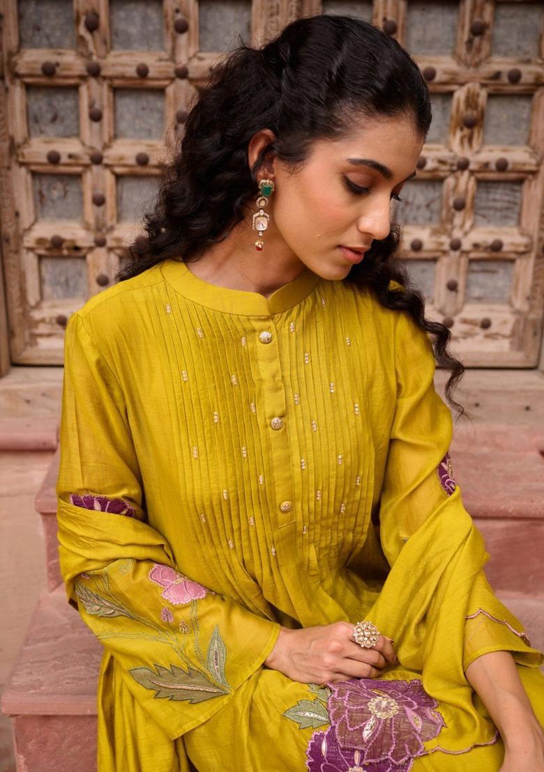 Mustard Embroidered Chinon Kurta Sets - Indya