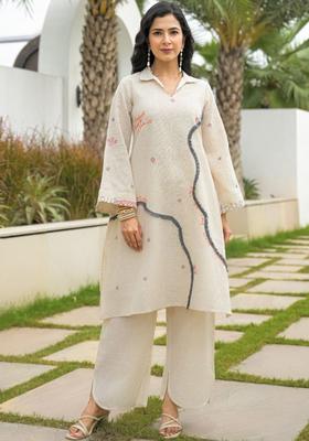 Off White Self Design Cotton Kurta Sets