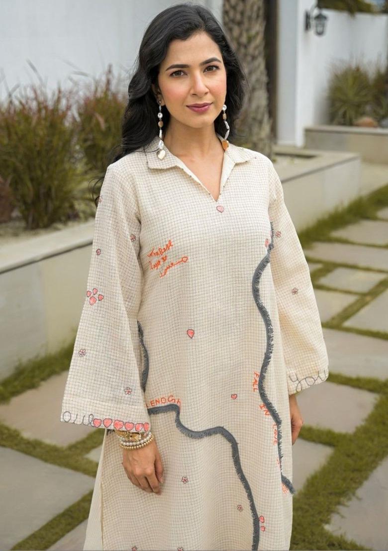 Off White Self Design Cotton Kurta Sets - Indya