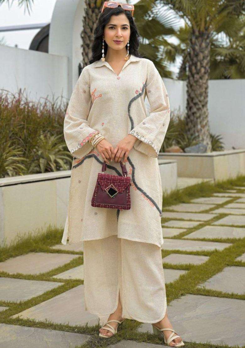 Off White Self Design Cotton Kurta Sets - Indya
