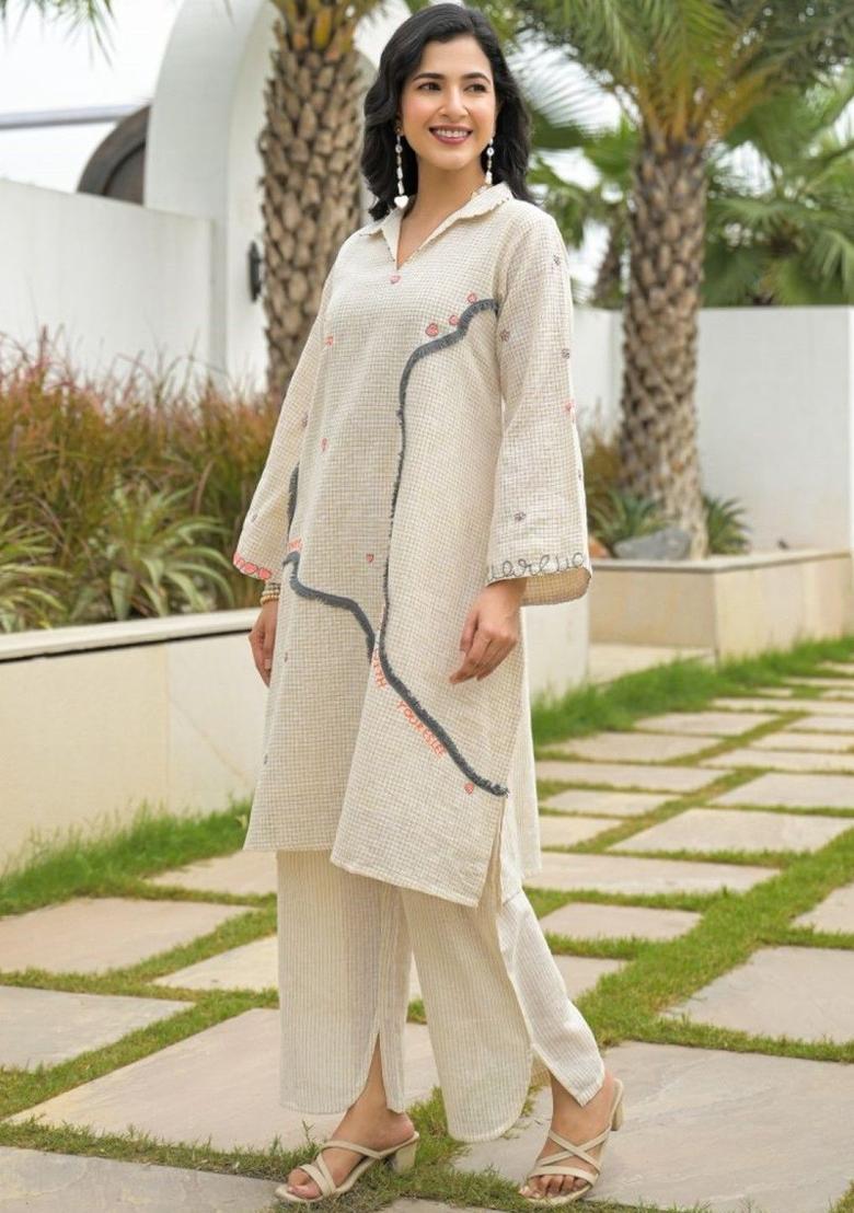 Off White Self Design Cotton Kurta Sets - Indya