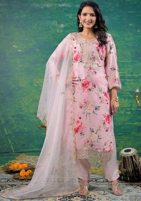 Pink Printed Silk Blend Kurta Sets