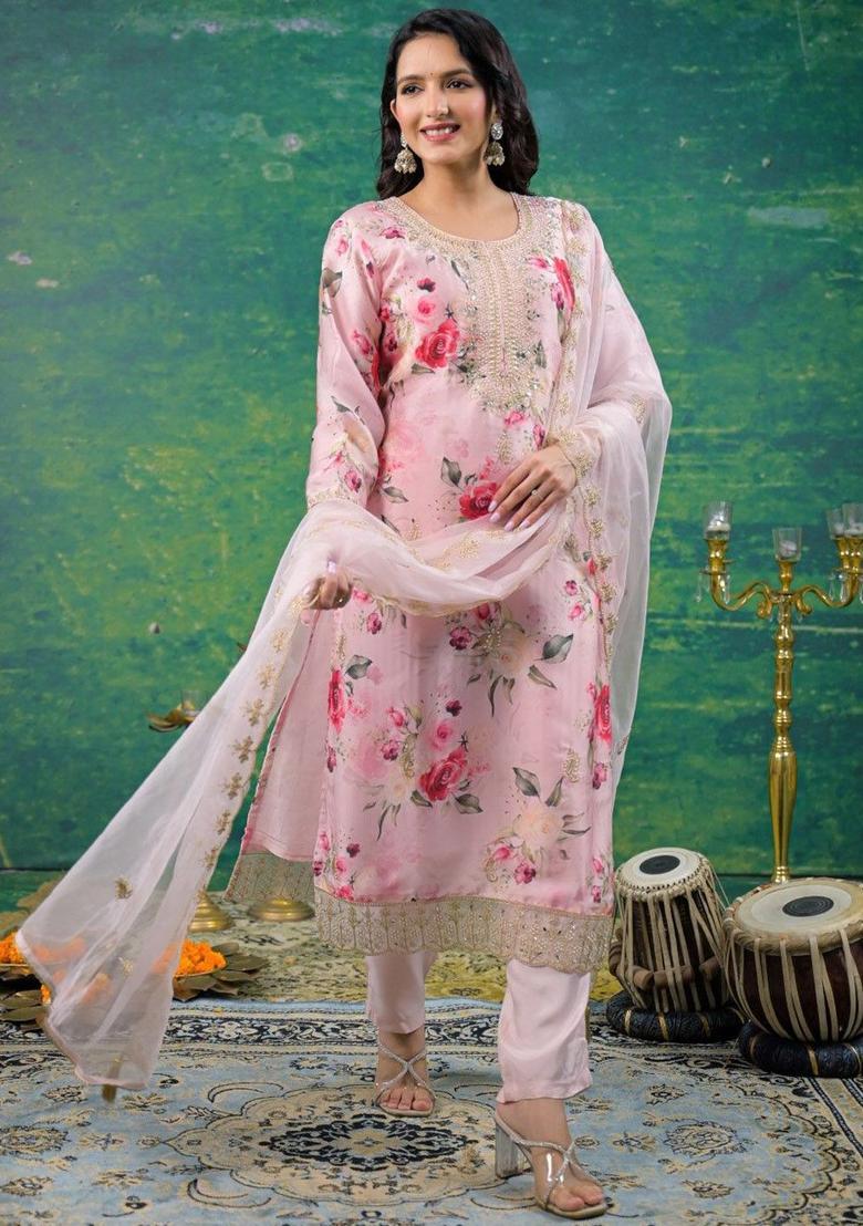 Pink Printed Silk Blend Kurta Sets - Indya