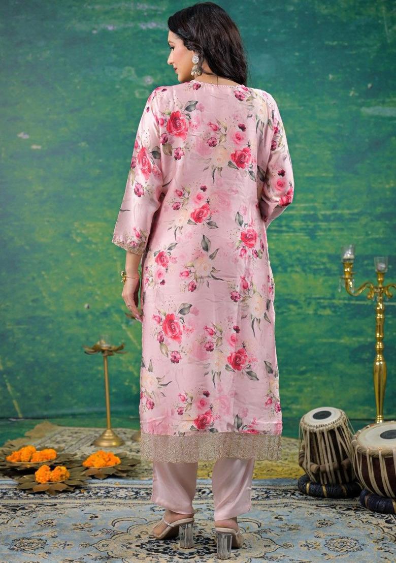 Pink Printed Silk Blend Kurta Sets - Indya