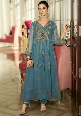 Blue Embroidered Nylon Anarkli Sets
