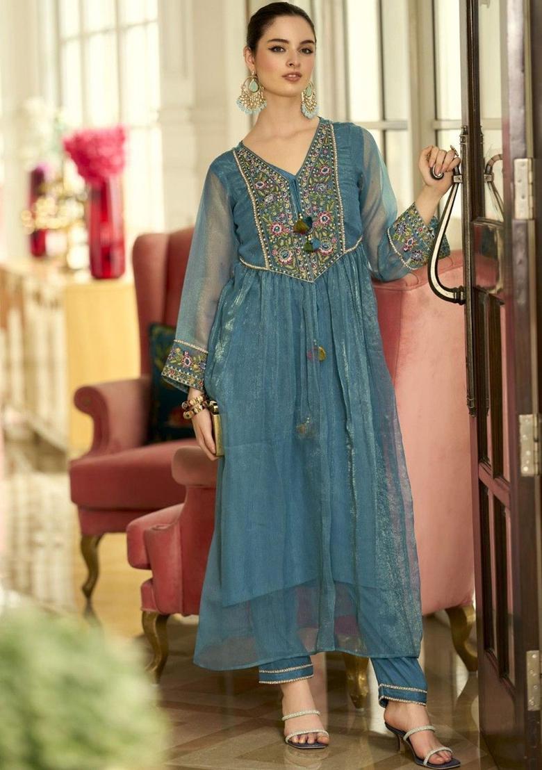 Blue Embroidered Nylon Anarkli Sets - Indya
