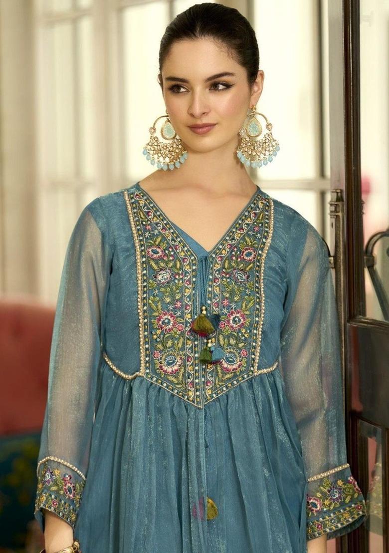 Blue Embroidered Nylon Anarkli Sets - Indya
