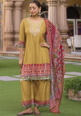 Mustard Printed Cotton Kurta Sets