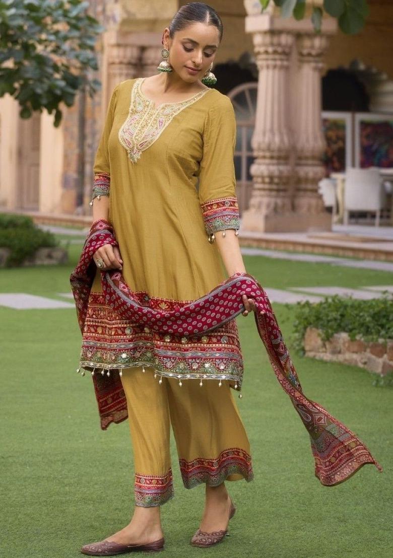 Mustard Printed Cotton Kurta Sets - Indya