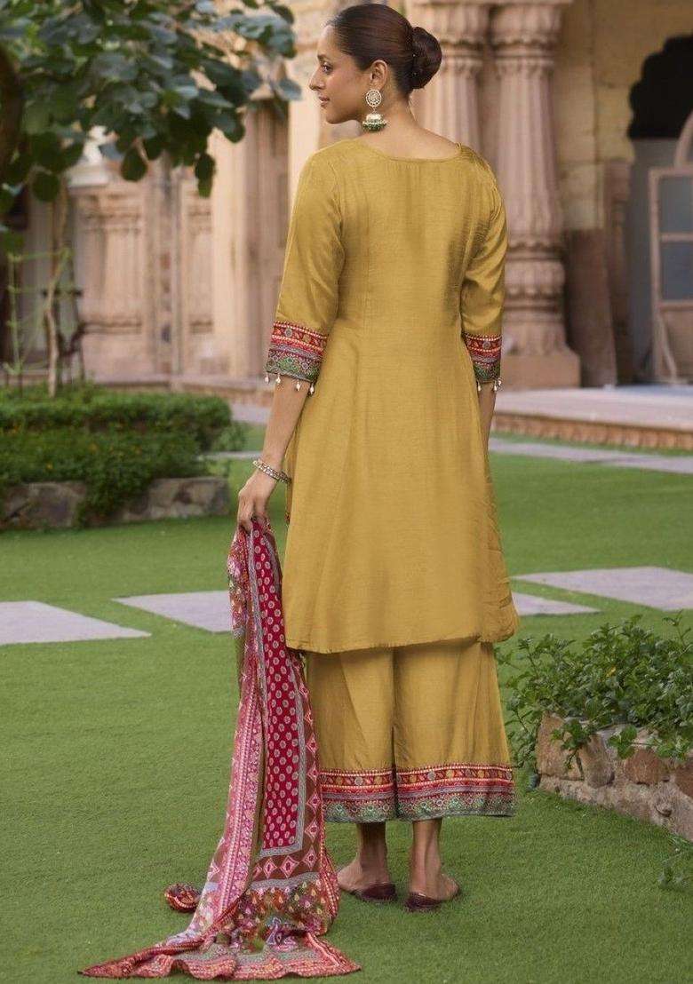 Mustard Printed Cotton Kurta Sets - Indya